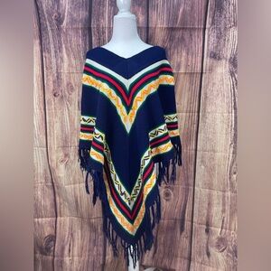 Miss Erika Inc Navy multi colored striped boho sweater poncho